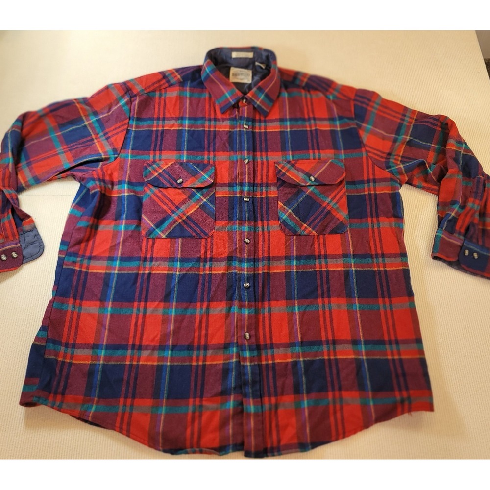 Vintage Saugatuck Mens Shirt 2X Red Blue Plaid Long Sleeve Button Up Acrylic